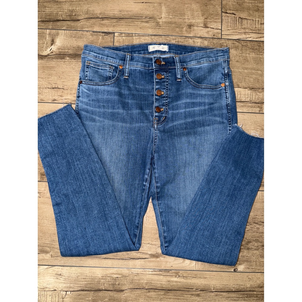 Madewell High Rise Skinny Jeans Button Fly Raw Hem Medium Wash Blue Denim